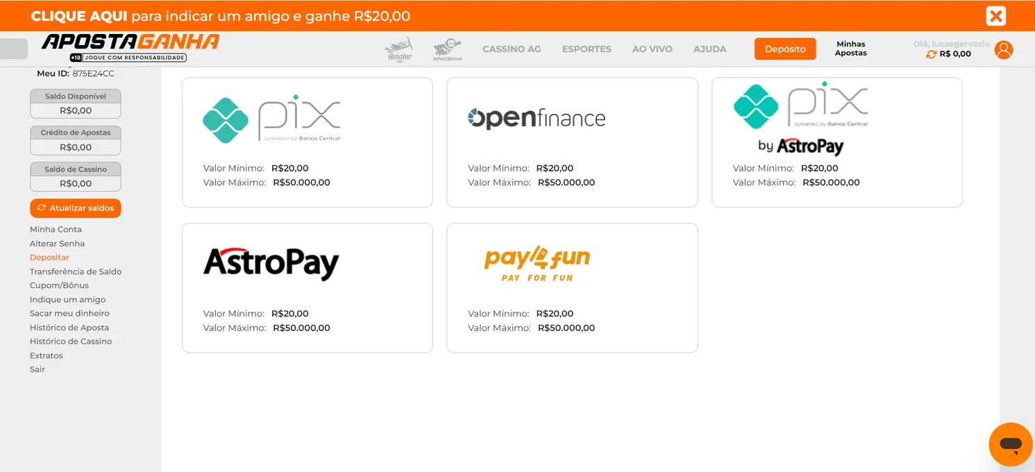 É possível fazer depósitos e saques a partir de R$20 na Aposta Ganha