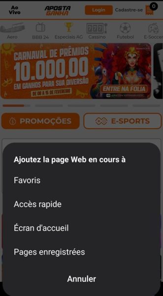Crie um atalho da página de cassino online em seu celular