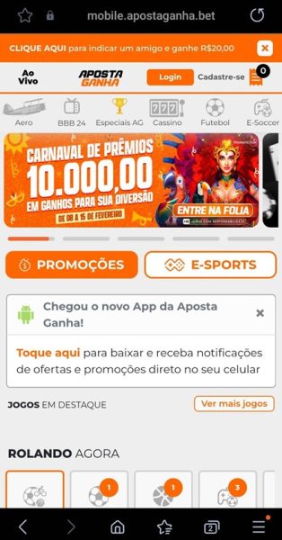 Entre no site Aposta Ganha pelo celular