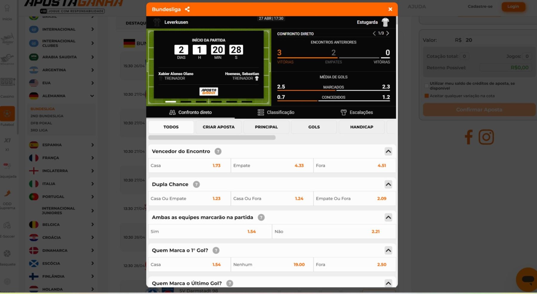 Versão para computador da Aposta Ganha