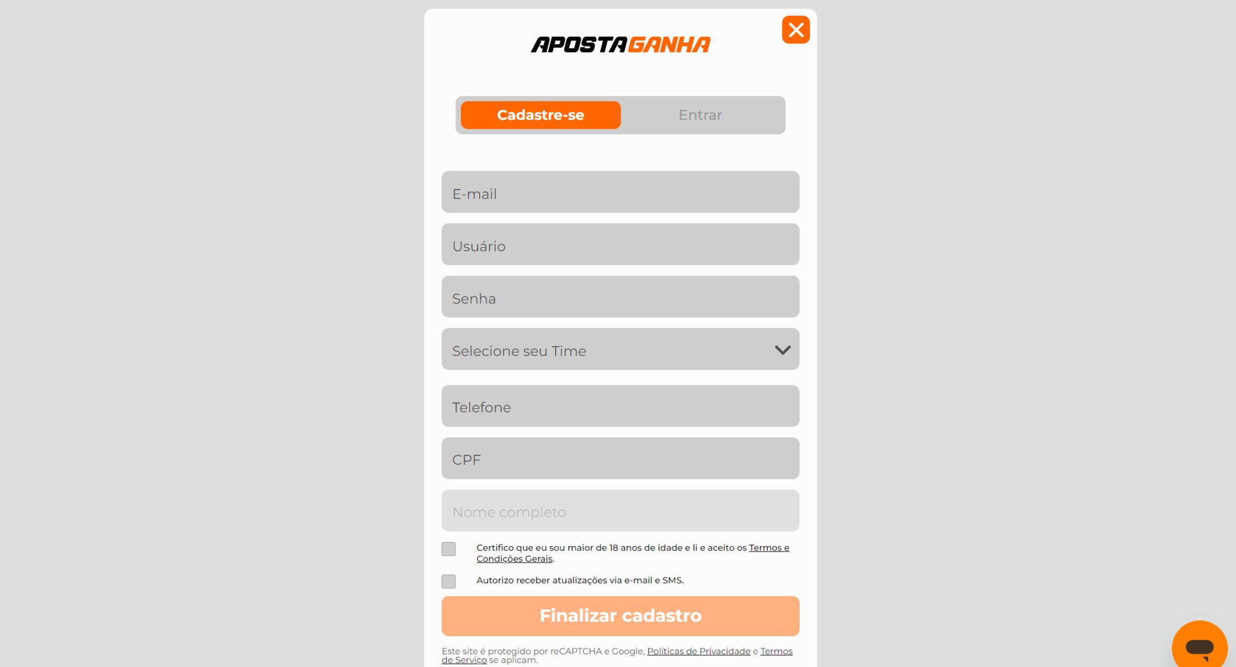 O registro na Aposta Ganha é prático e rápido