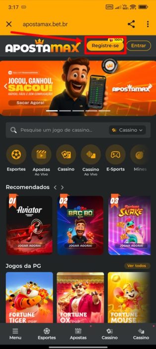 ApostaMax cadastro e login android passo 1