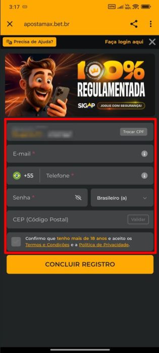 ApostaMax cadastro e login android passo 2