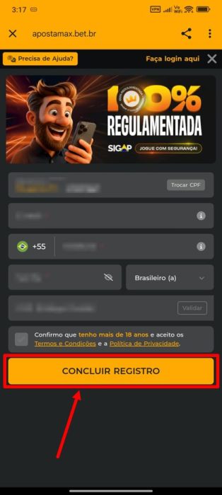 ApostaMax cadastro e login android passo 3