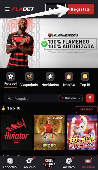 Abra o aplicativo e localize o botão “Registrar” no topo da página