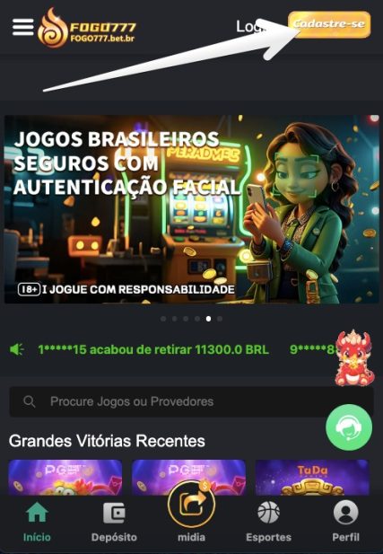 Abra o app da Fogo777 e clique no botão Cadastre-se