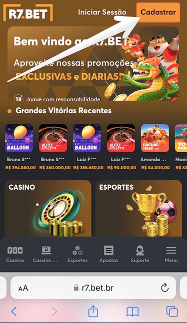 Abre o app da R7 Bet e aperte o botão Cadastrar
