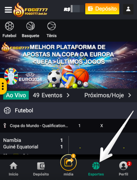 Acesse a seção de esportes e selecione o esporte desejado