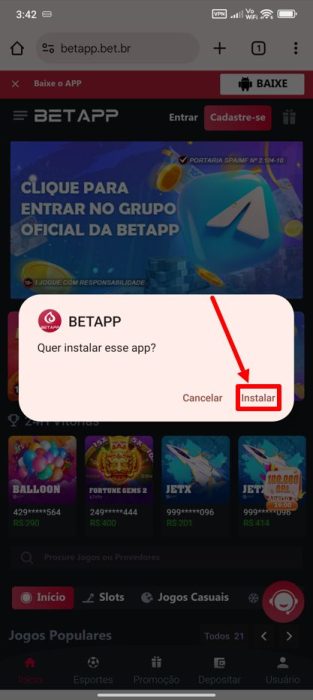 Bet app baixar android passo 5
