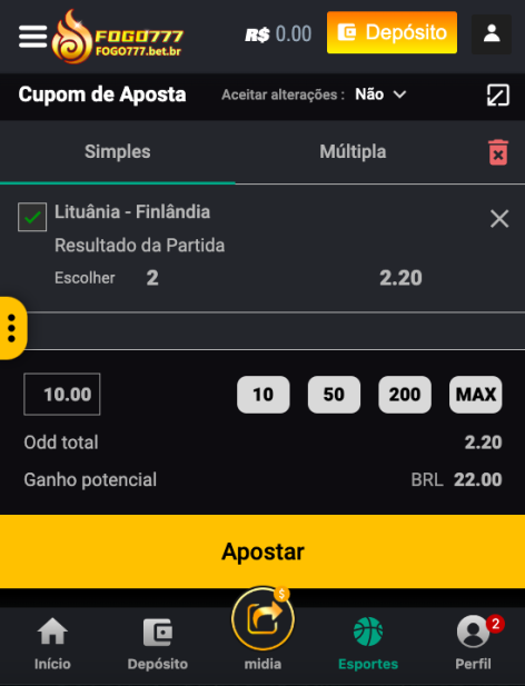 Clique no boletim de apostas