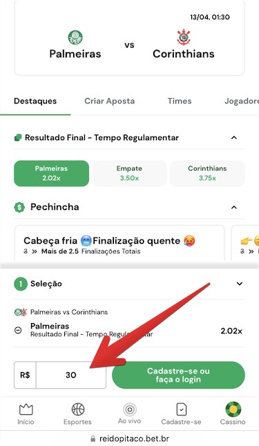 Depois, vá até o cupom para inserir o valor da aposta e colocá-la em jogo