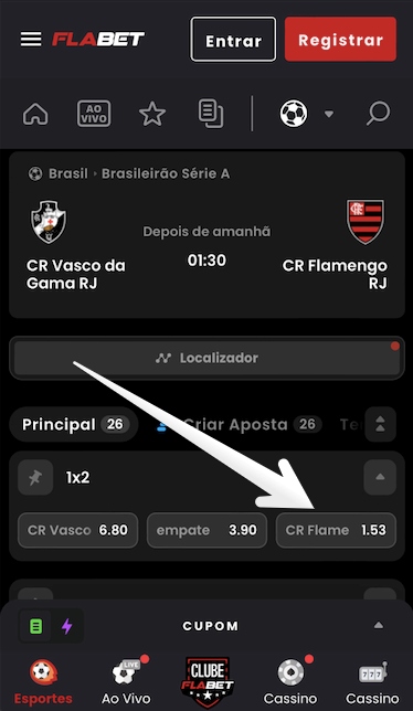 Navegue pelos mercados disponíveis e toque nas odds para adicionar sua escolha ao boletim