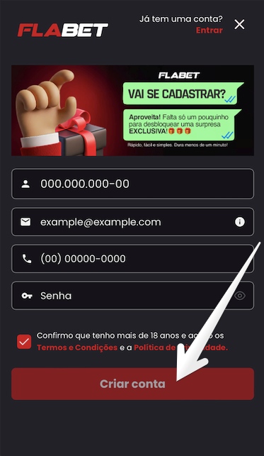 Toque em Criar conta para prosseguir