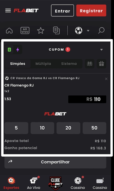 Vá até o cupom de apostas, insira o valor