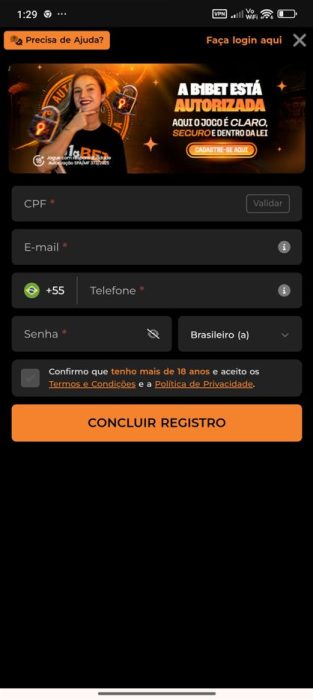 b1bet cadastro e login android passo 3