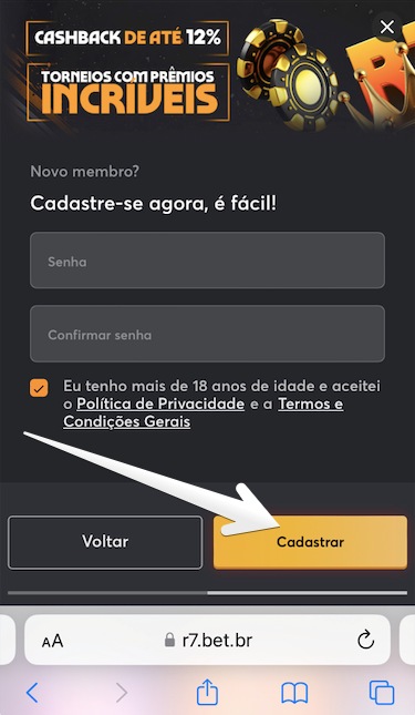 clicando em Cadastrar