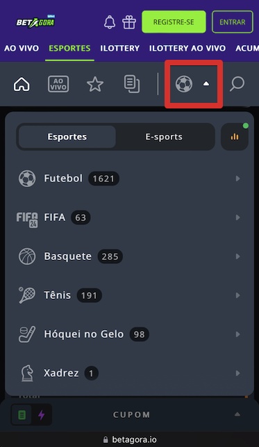 Abra o menu com todos os esportes
