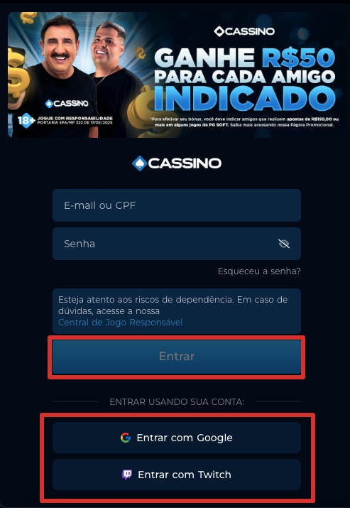 Acesso à conta Cassino pix