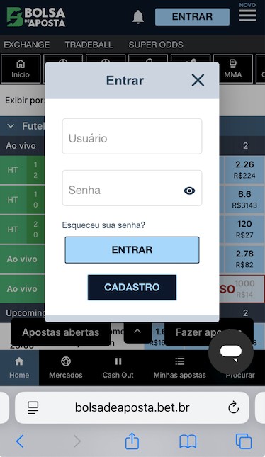 Acesso à conta da Bolsa de Aposta