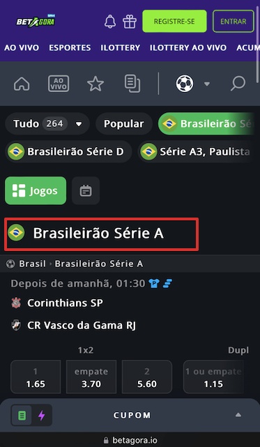 Após escolher o esporte, uma nova página mostrará as competições disponíveis