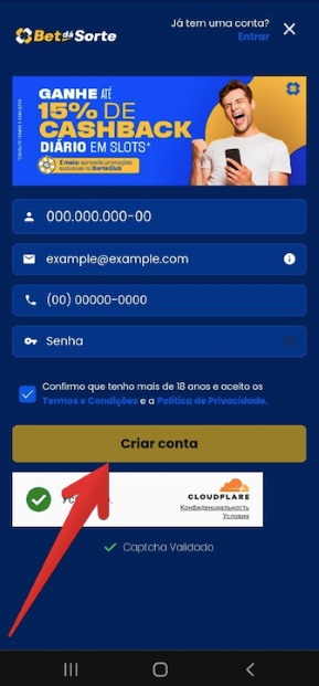 Bet da Sorte Cadastro e login via aplicativo passo 5