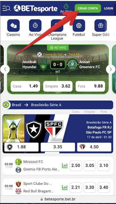 Cadastro e login no aplicativo Betesporte passo 1