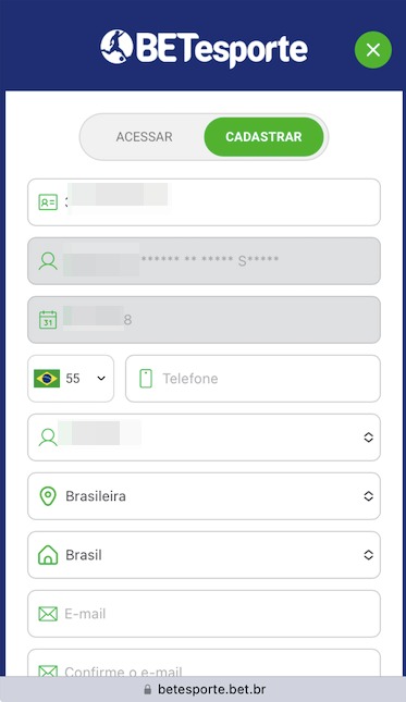Cadastro e login no aplicativo Betesporte passo 3