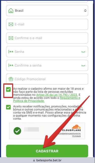 Cadastro e login no aplicativo Betesporte passo 5