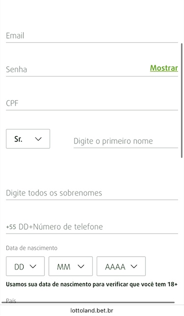 Cadastro e login via app da Lottoland passo 3