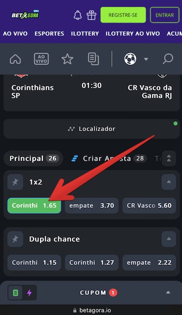 Clique nas odds da aposta que deseja fazer