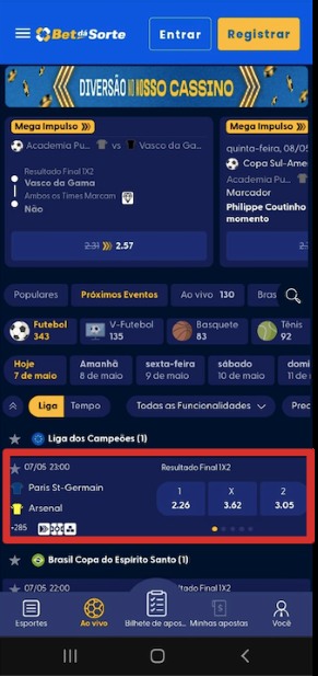 Como apostar no aplicativo móvel Bet da Sorte passo 6