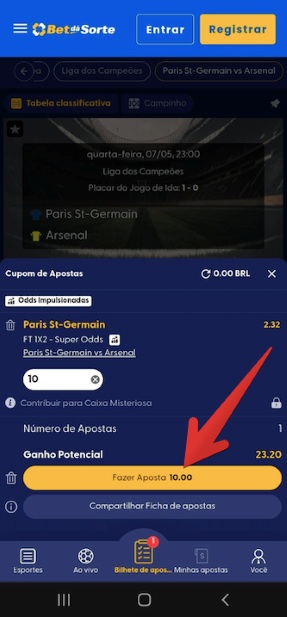 Como apostar no aplicativo móvel Bet da Sorte passo 8