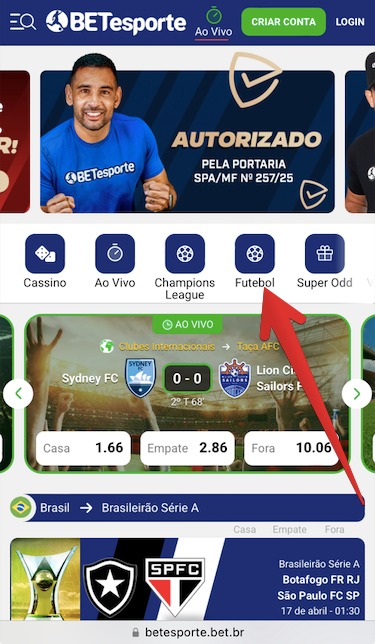 Como apostar no aplicativo móvel Betesporte passo 1