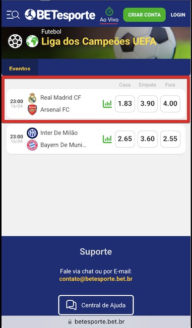 Como apostar no aplicativo móvel Betesporte passo 2