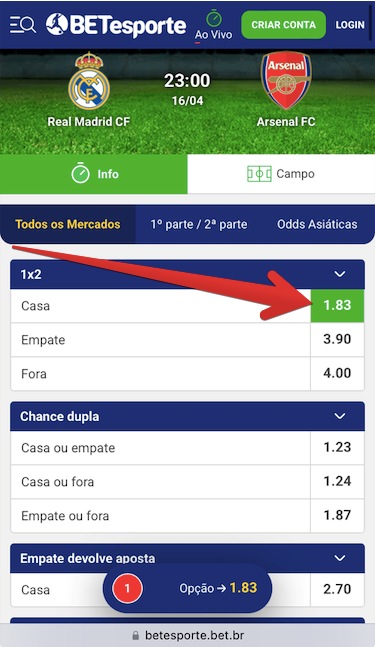 Como apostar no aplicativo móvel Betesporte passo 3