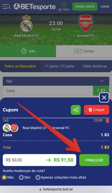 Como apostar no aplicativo móvel Betesporte passo 4