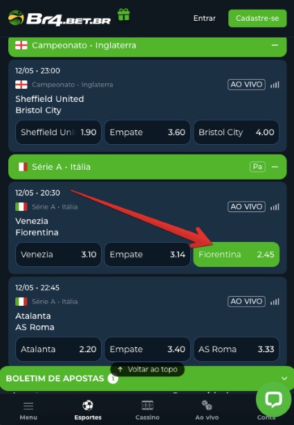 Como apostar no aplicativo móvel Br4bet passo 3