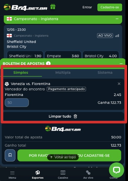 Como apostar no aplicativo móvel Br4bet passo 4