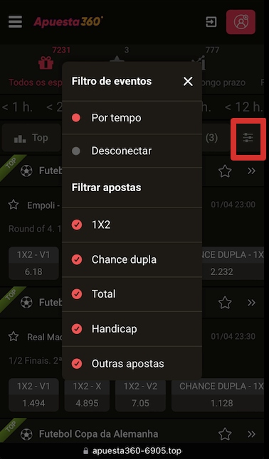 Filtros no Apuesta360 app