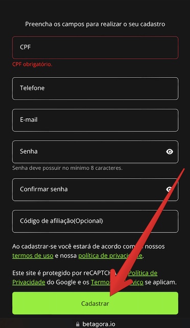 No formulário, preencha os campos obrigatórios informando