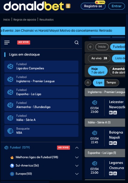 Página de apostas esportivas no Donaldbet app