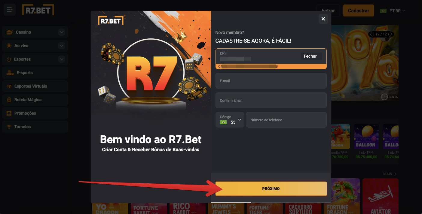 Primeira etapa de cadastro