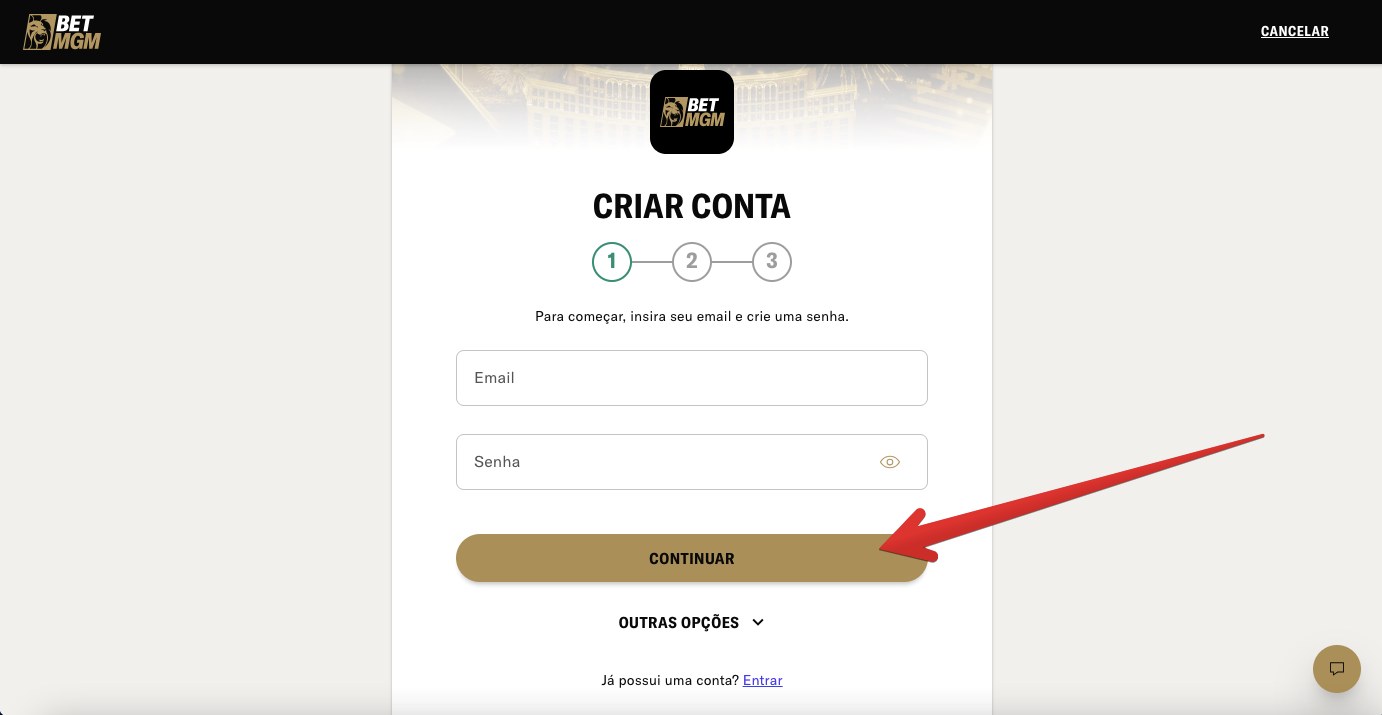 Primeira etapa no formulário de inscrição