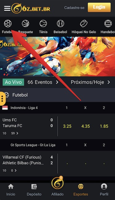 Selecione a disciplina esportiva no menu