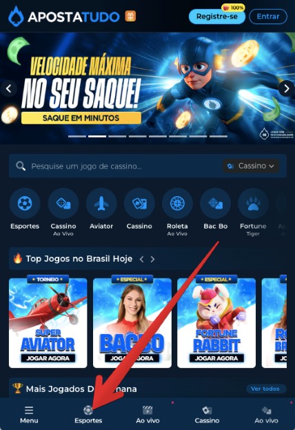 toque em Esportes para acessar