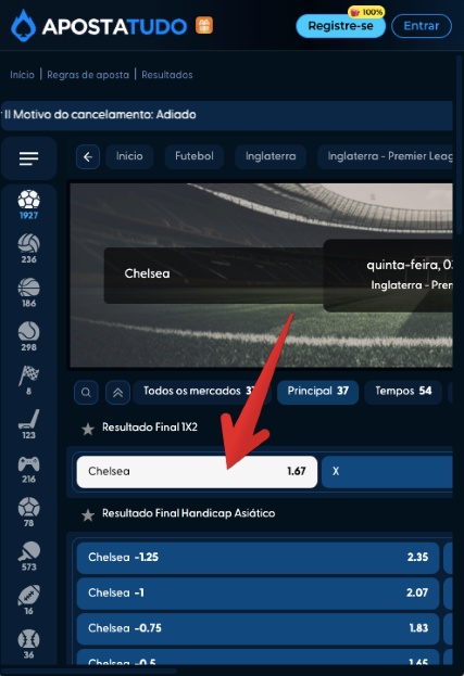 toque na odd para adicionar a aposta ao seu cupom