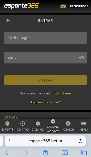 Acesso à conta Esporte 365
