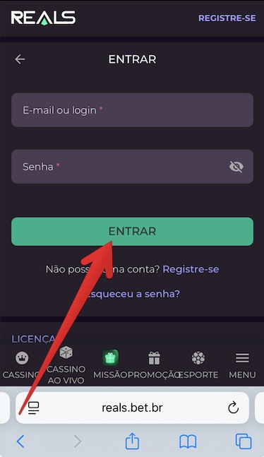 Acesso à conta Reals Bet