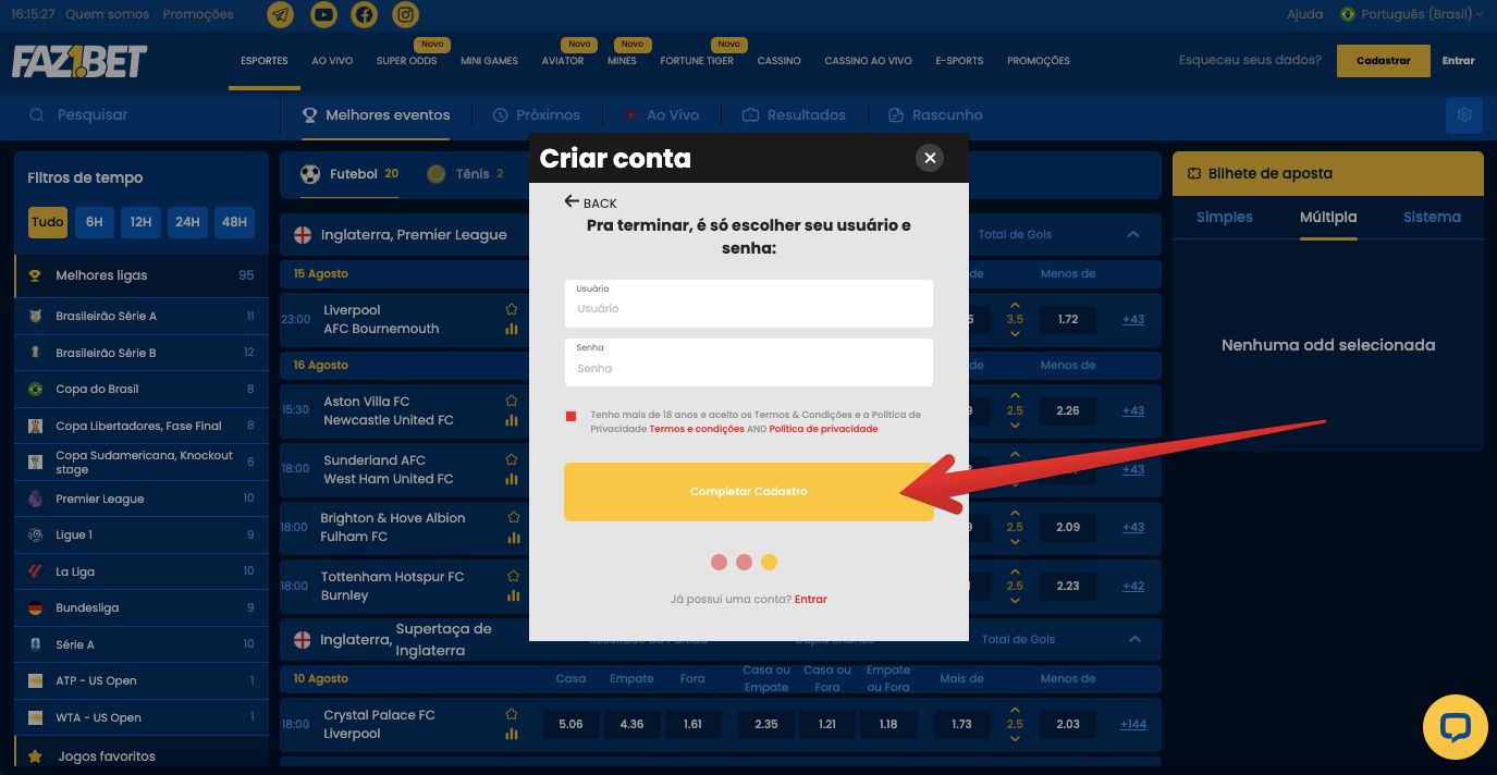 Botão “Completar cadastro”