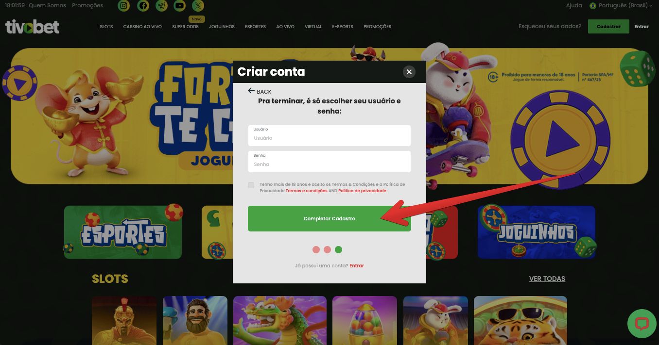 Botão “Completar cadastro”